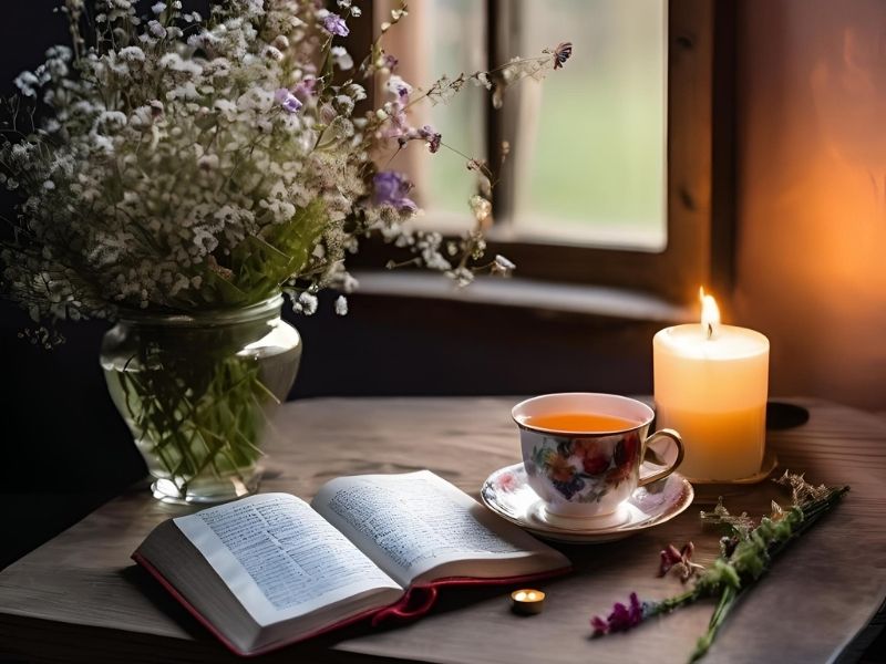 Quiet moment of reflection with a Bible, candle, and tea, illustrating planning ahead for Advent in a peaceful setting.