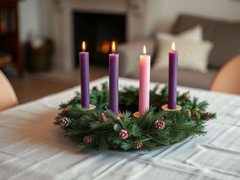 Advent wreath with candles and pinecones, perfect DIY project for homemaking on a budget during the holidays.