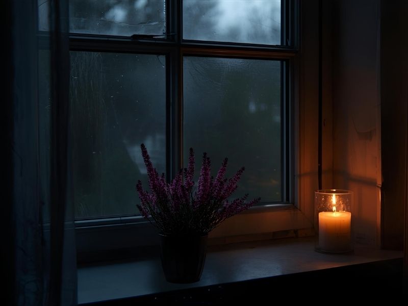 Indoor scene with a lit candle and a heather plant, evoking calm, prayer, and spiritual renewal during fall.