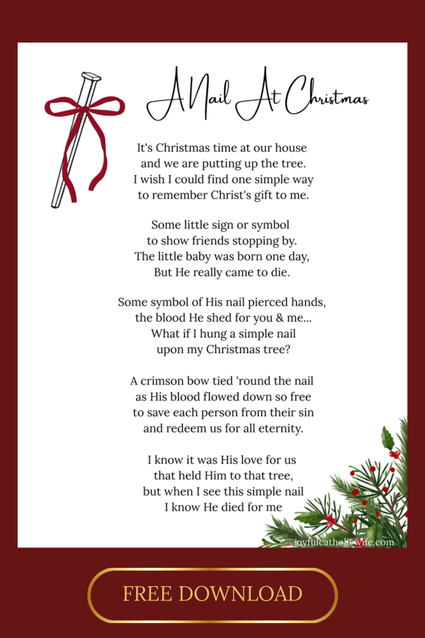 Downloadable image of the Christmas poem 'A Nail At Christmas' featuring a symbolic nail representing Jesus' sacrifice.