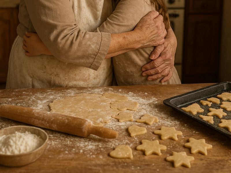 Grandmother and granddaughter baking Christmas cookies together in a cozy kitchen.