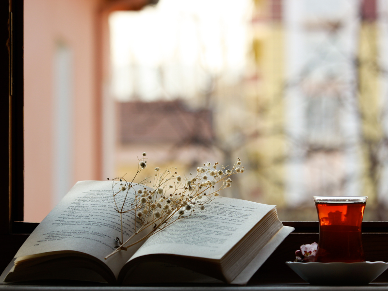 An open prayer book with dried flowers on the pages, representing contemplative prayer and simplicity.