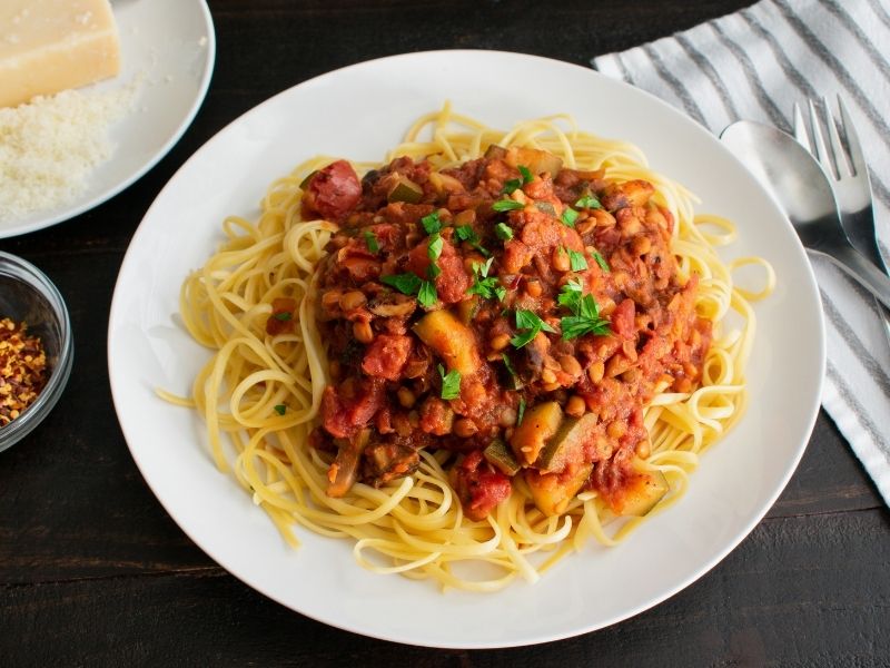 Meatless spaghetti and lentil tomato sauce dinner idea for Lent.