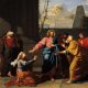 A high-resolution classical painting by Jean-Germain Drouais depicting the faith of the Canaanite woman as she kneels humbly at the feet of Jesus Christ pleading for her daughter.